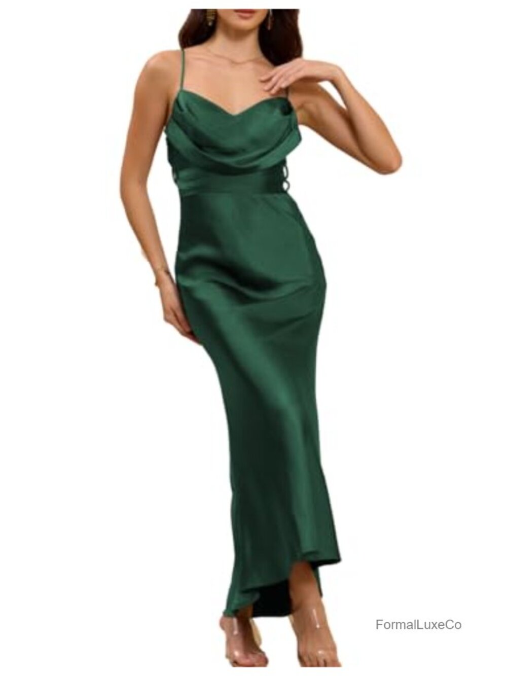 Satin Cowl Neck Maxi Dress Spaghetti Strap Backless Wedding Guest